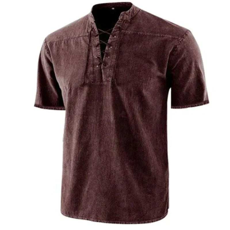 Men's Tie-Dye V-Neck Shirt with Drawstring Detail and Relaxed Fit for Casual Wear