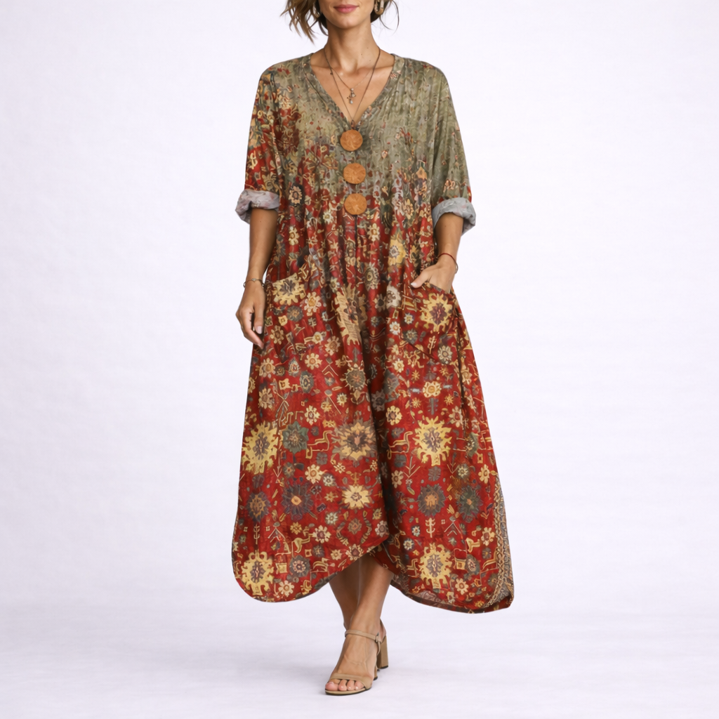 Maxikleid für Damen im Boho-Stil mit Paisley-Muster, V-Ausschnitt, dekorativen Knöpfen und Seitentaschen