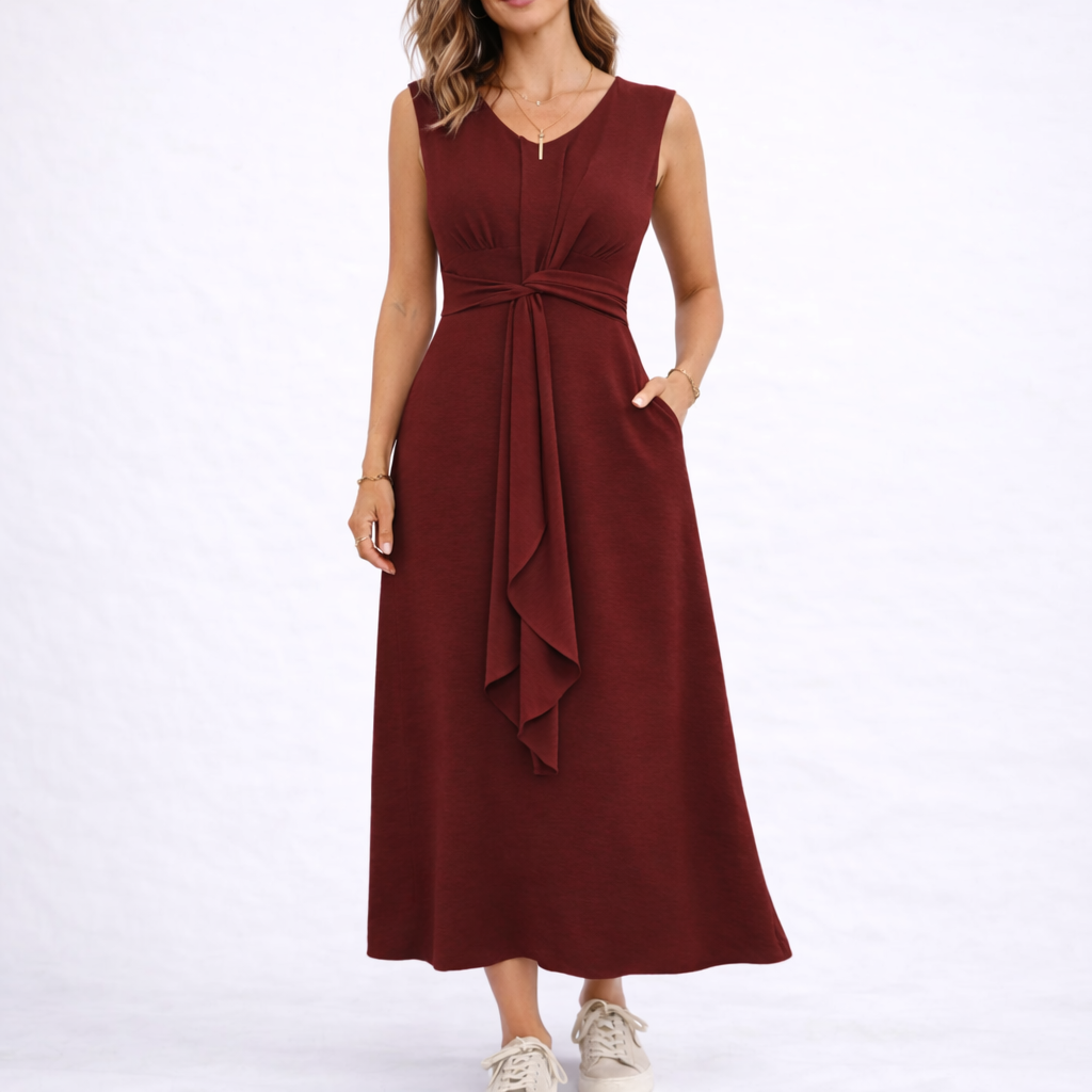 Ärmelloses Maxikleid für Damen mit gedrehtem Taillenband, drapiertem Frontknoten und schmeichelhaftem V-Ausschnitt