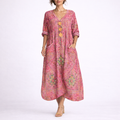 Maxikleid für Damen im Boho-Stil mit Paisley-Muster, V-Ausschnitt, dekorativen Knöpfen und Seitentaschen