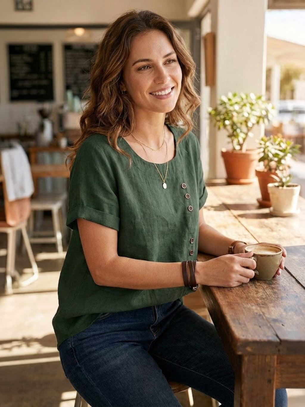 Women's Relaxed Button Detail Short Sleeve Casual Blouse