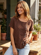 Women's Relaxed Button Detail Short Sleeve Casual Blouse