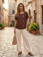 Women's Relaxed Button Detail Short Sleeve Casual Blouse