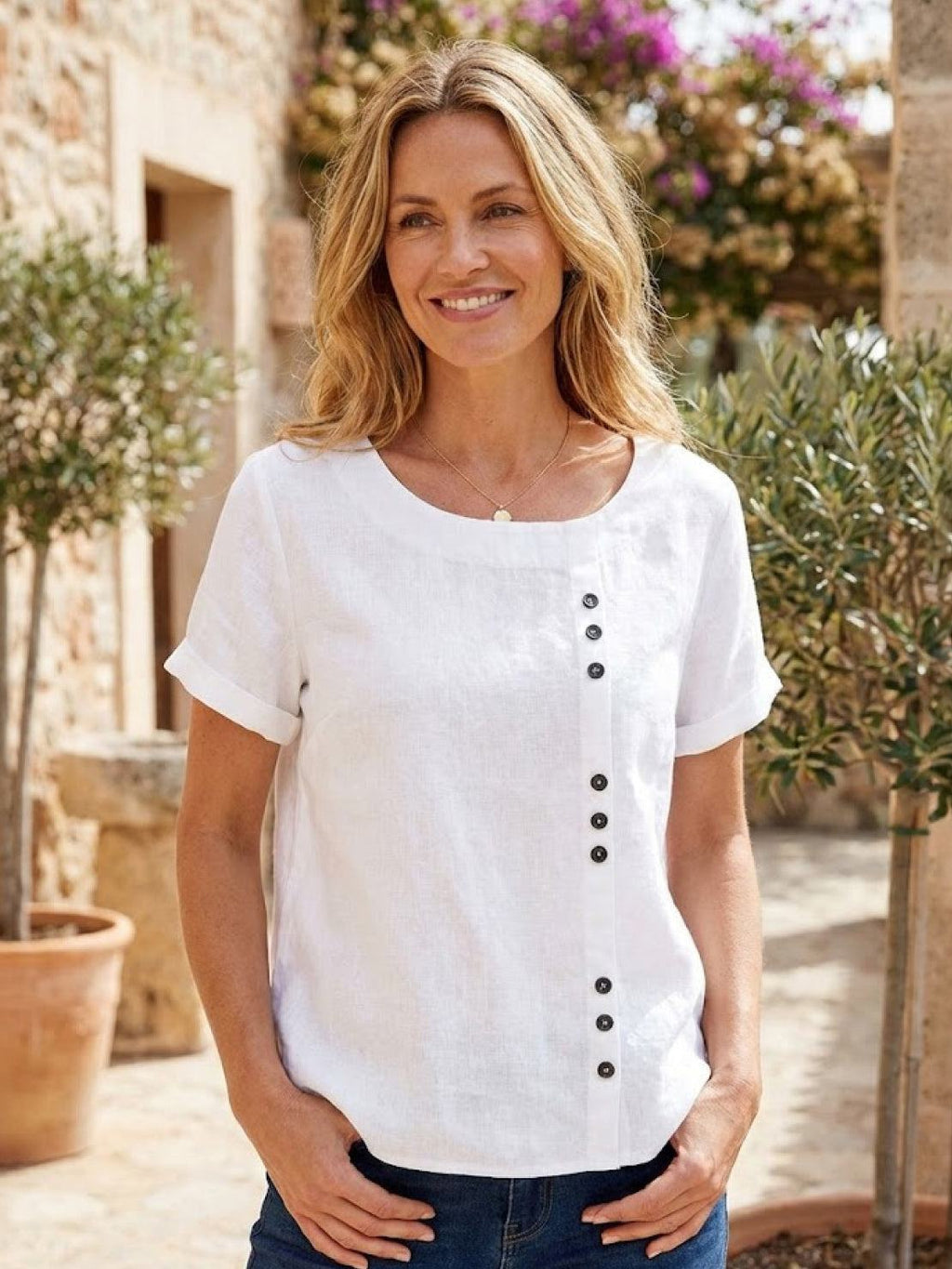 Women's Relaxed Button Detail Short Sleeve Casual Blouse
