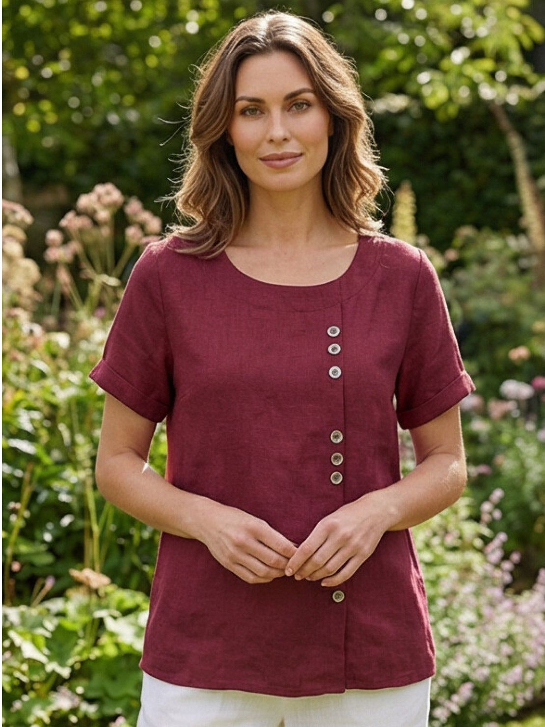 Women's Relaxed Button Detail Short Sleeve Casual Blouse