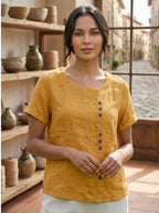 Women's Relaxed Button Detail Short Sleeve Casual Blouse