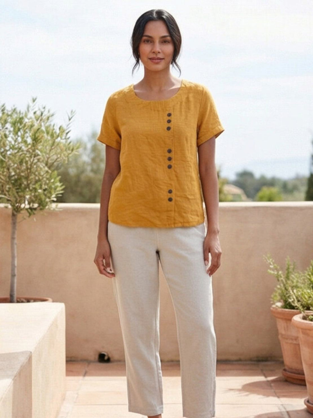 Women's Relaxed Button Detail Short Sleeve Casual Blouse