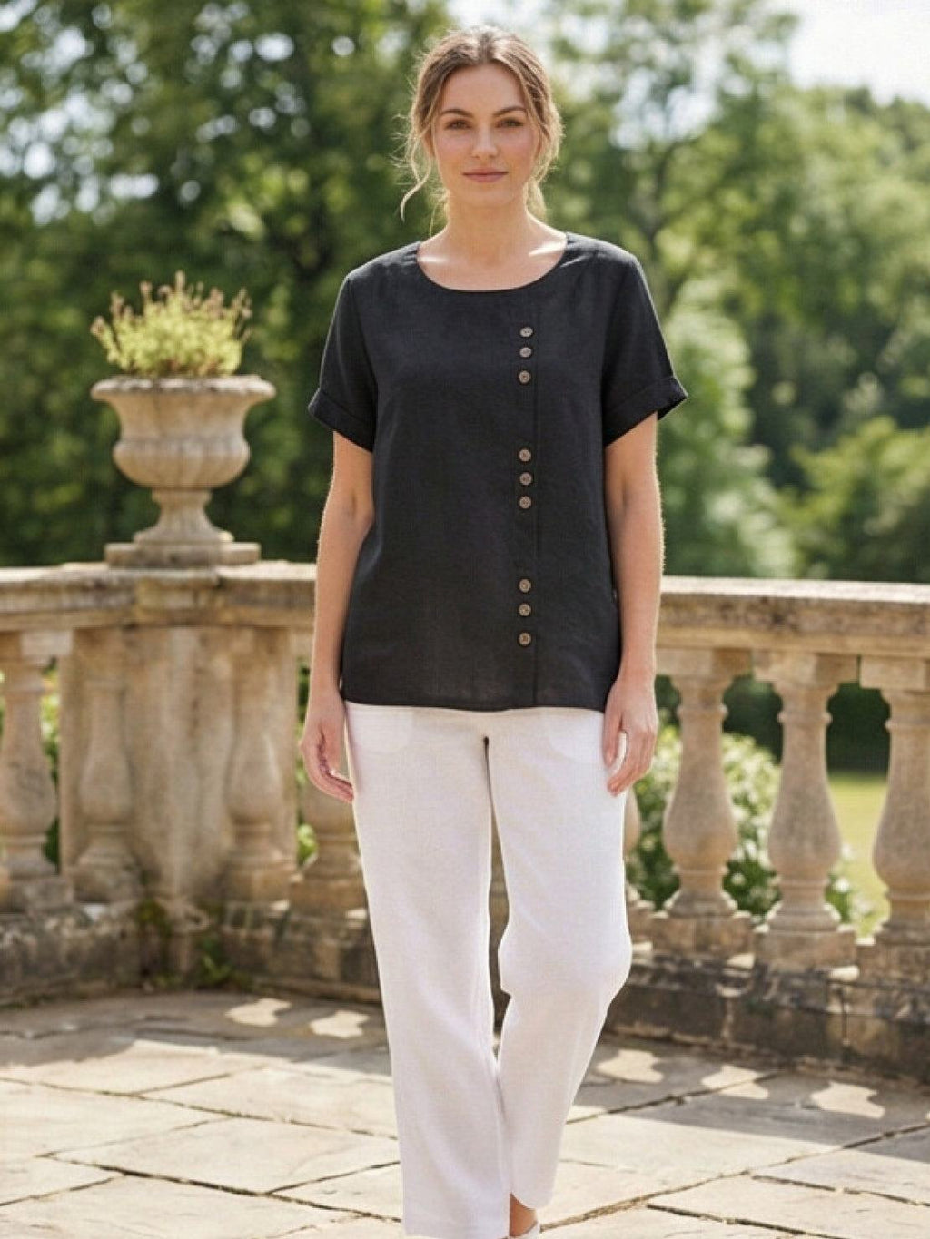 Women's Relaxed Button Detail Short Sleeve Casual Blouse