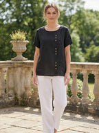 Women's Relaxed Button Detail Short Sleeve Casual Blouse