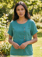 Women's Relaxed Button Detail Short Sleeve Casual Blouse
