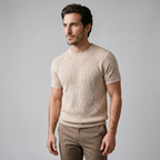 Men's Ribbed Knit T-Shirt with Crew Neck for Smart Casual Wear