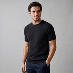 Men's Ribbed Knit T-Shirt with Crew Neck for Smart Casual Wear