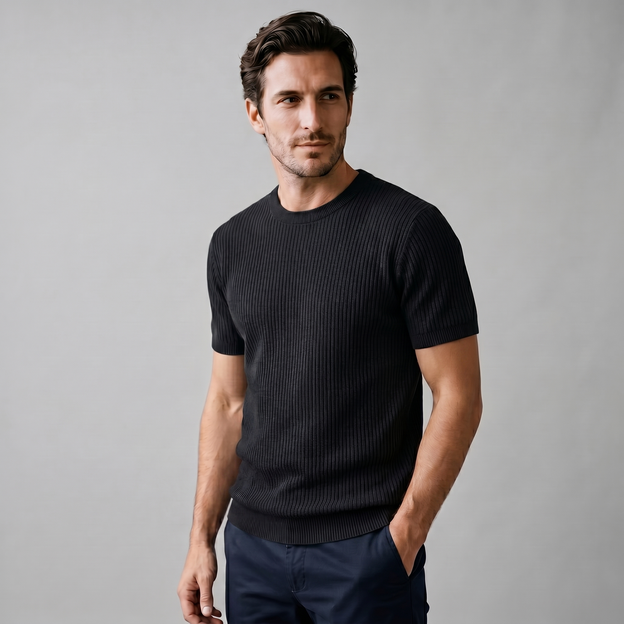 Men's Ribbed Knit T-Shirt with Crew Neck for Smart Casual Wear