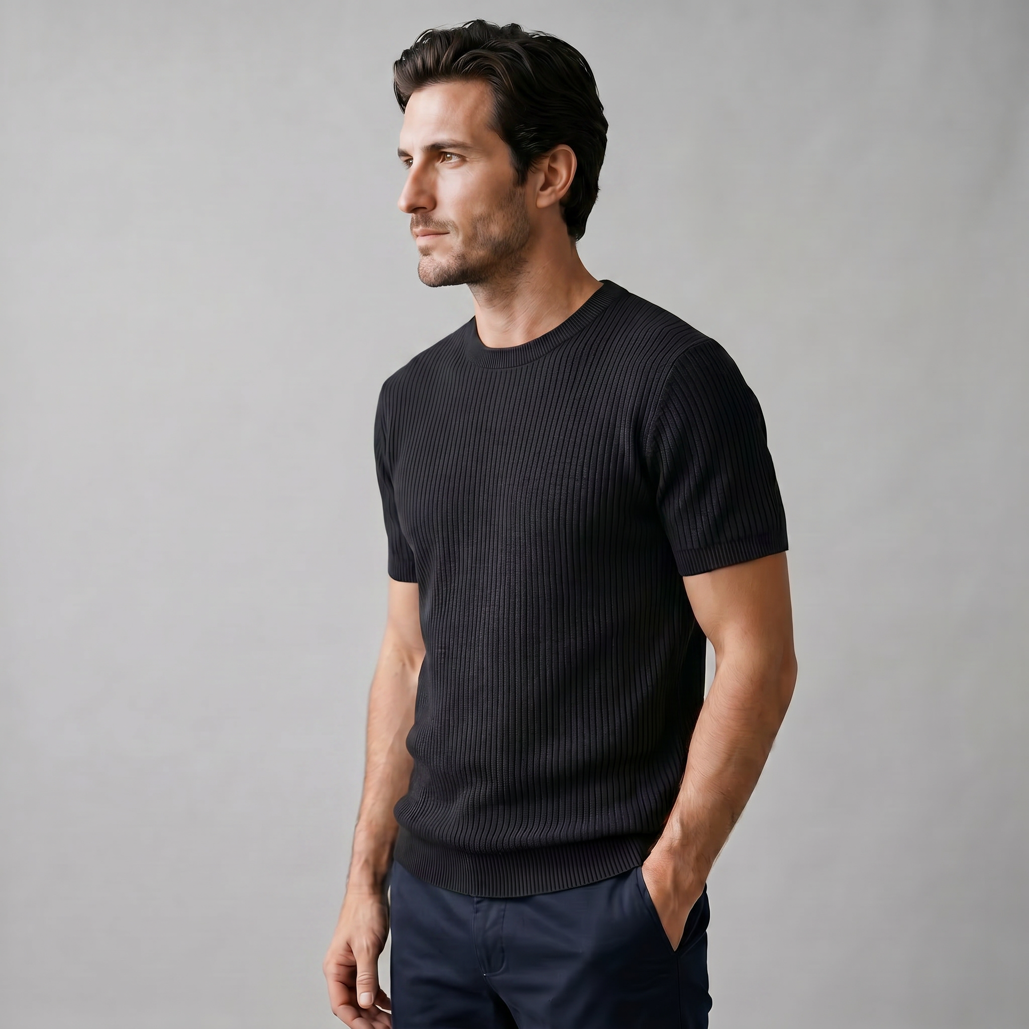 Men's Ribbed Knit T-Shirt with Crew Neck for Smart Casual Wear