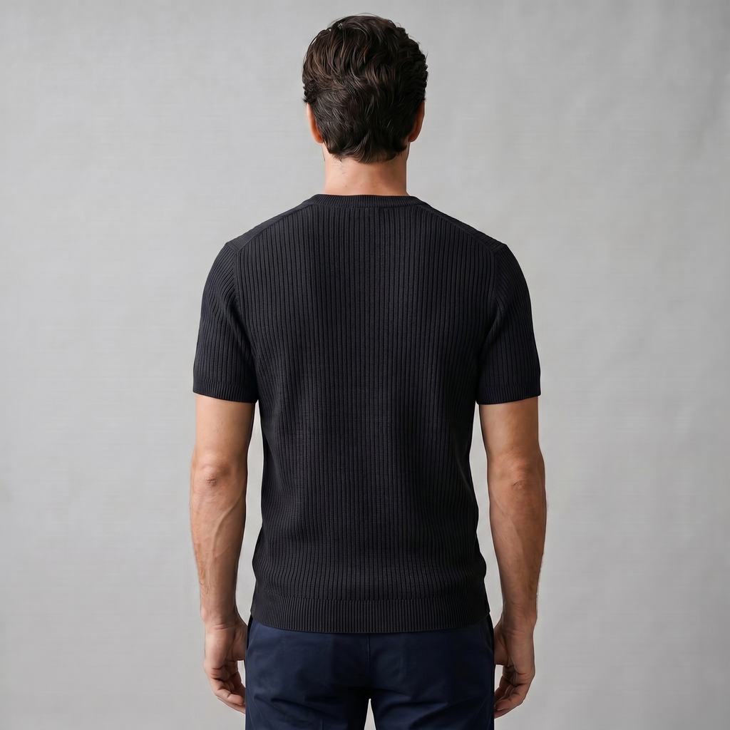 Men's Ribbed Knit T-Shirt with Crew Neck for Smart Casual Wear
