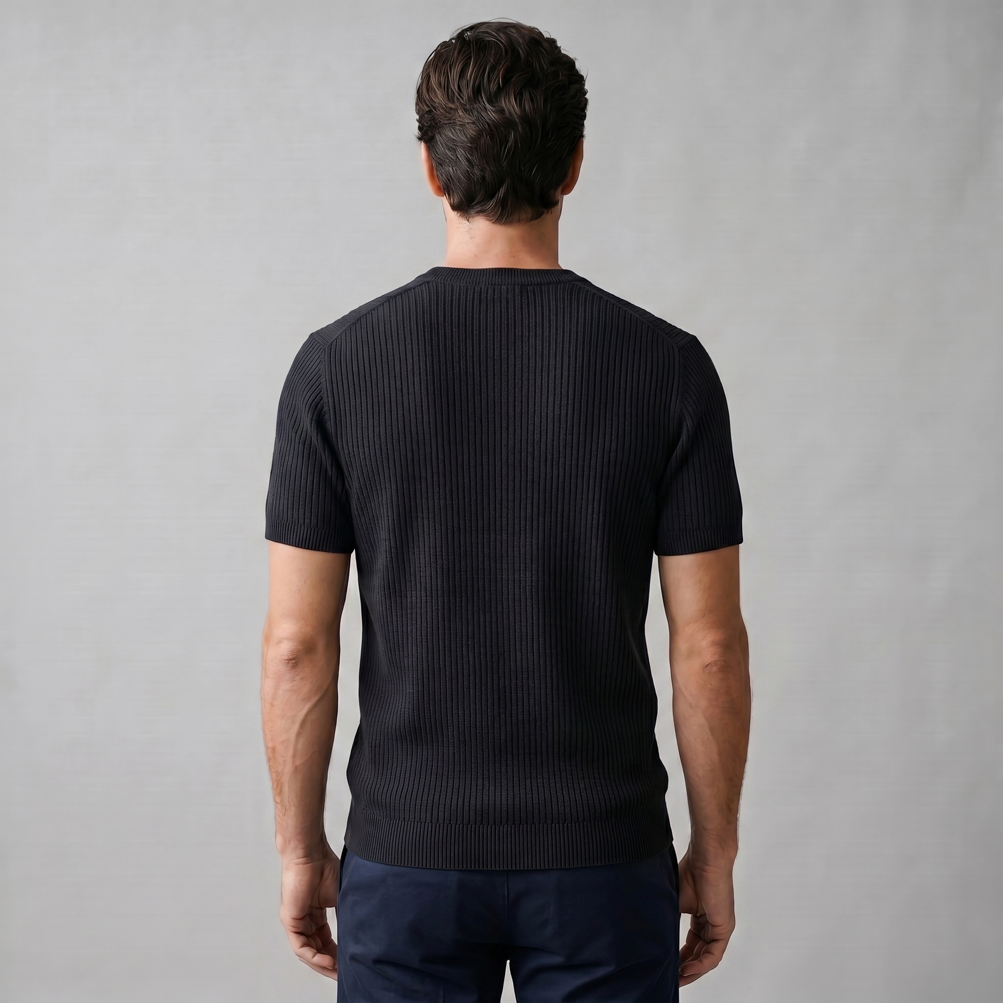 Men's Ribbed Knit T-Shirt with Crew Neck for Smart Casual Wear
