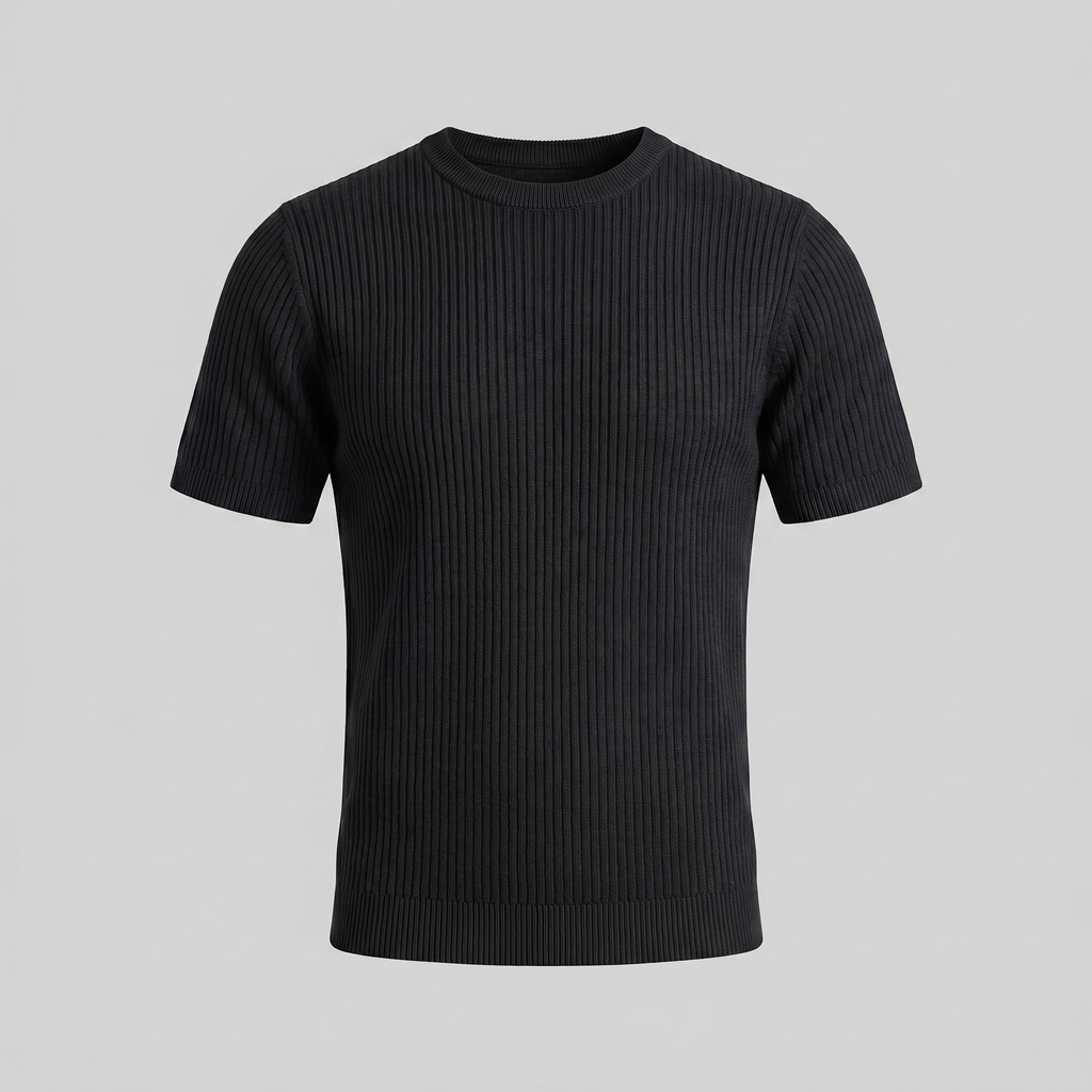 Men's Ribbed Knit T-Shirt with Crew Neck for Smart Casual Wear