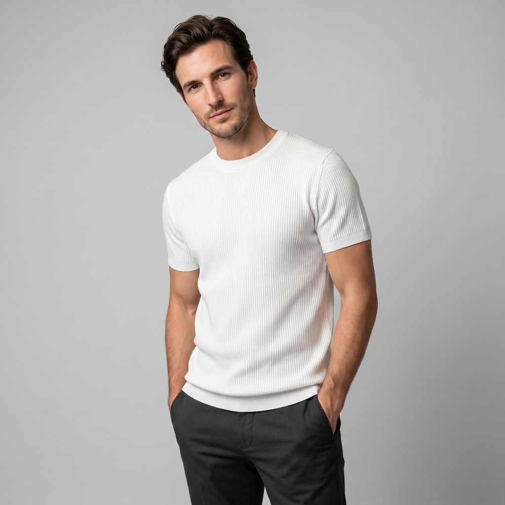 Men's Ribbed Knit T-Shirt with Crew Neck for Smart Casual Wear