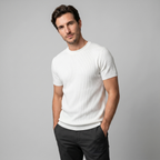 Men's Ribbed Knit T-Shirt with Crew Neck for Smart Casual Wear