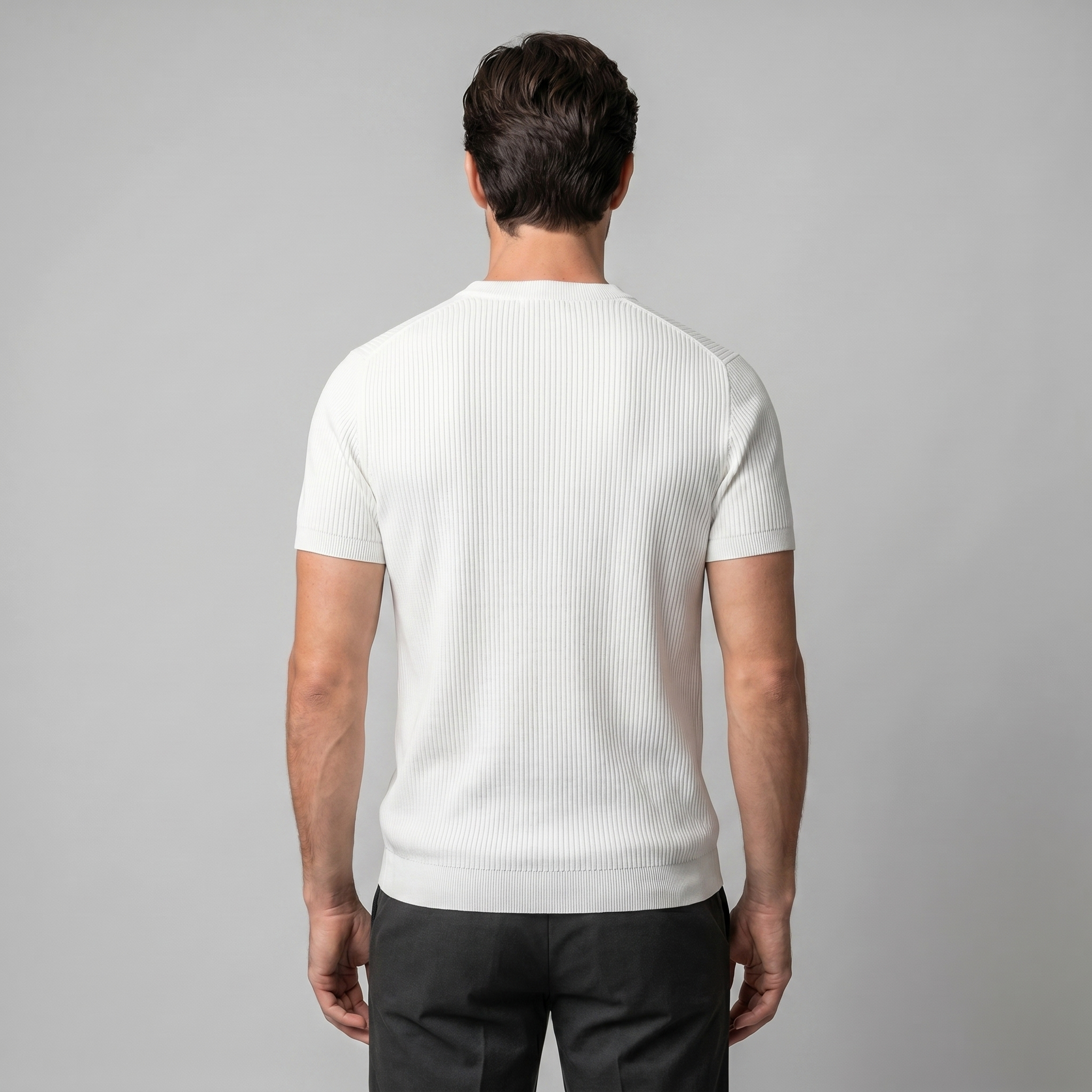 Men's Ribbed Knit T-Shirt with Crew Neck for Smart Casual Wear