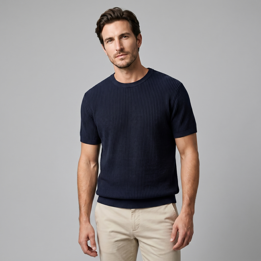 Men's Ribbed Knit T-Shirt with Crew Neck for Smart Casual Wear