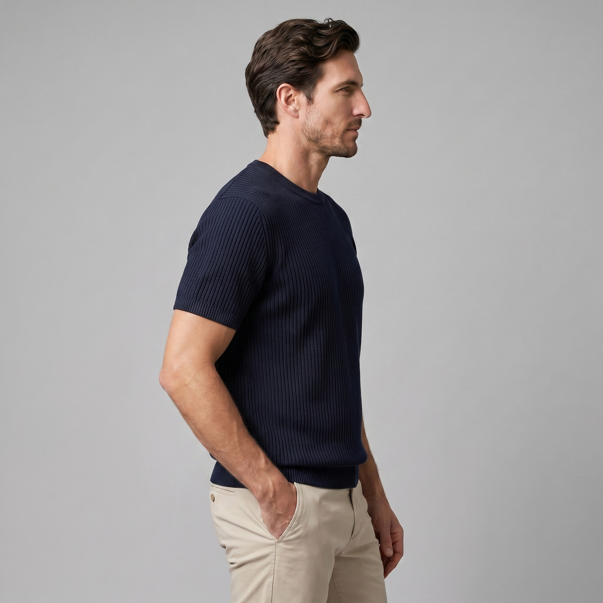 Men's Ribbed Knit T-Shirt with Crew Neck for Smart Casual Wear