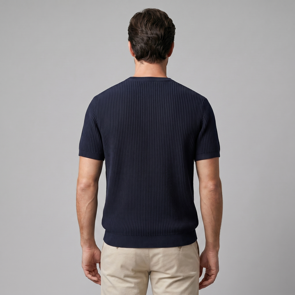 Men's Ribbed Knit T-Shirt with Crew Neck for Smart Casual Wear