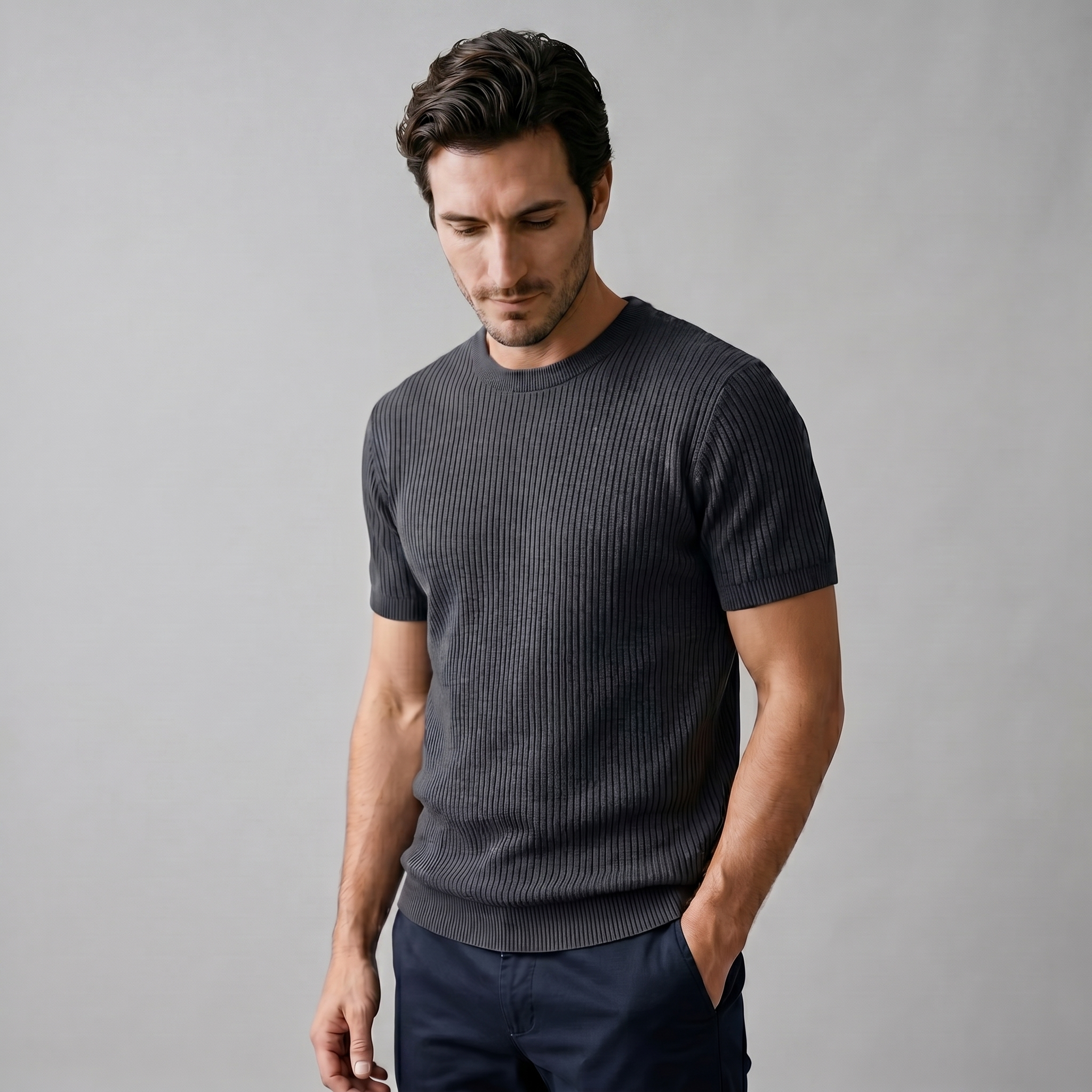 Men's Ribbed Knit T-Shirt with Crew Neck for Smart Casual Wear