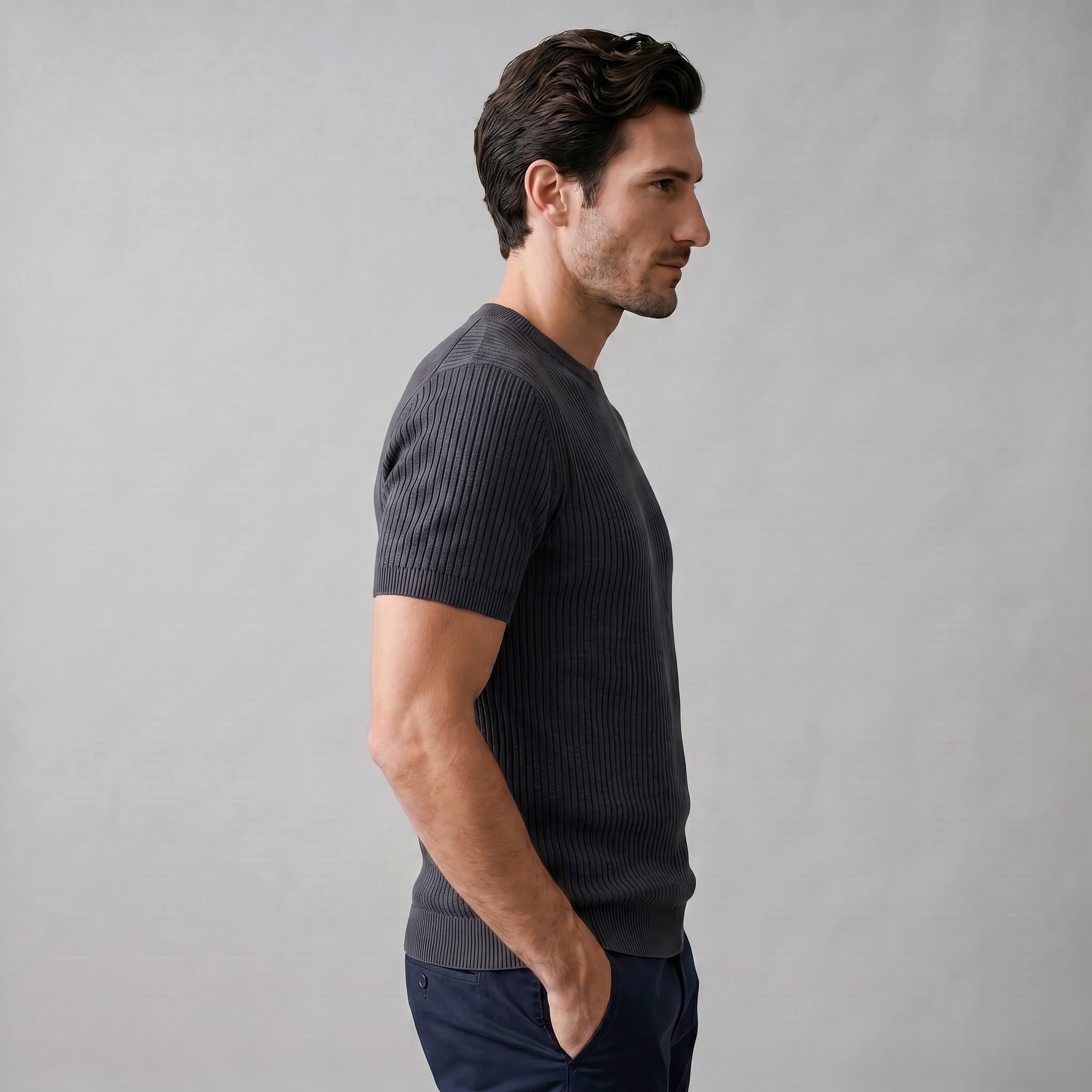 Men's Ribbed Knit T-Shirt with Crew Neck for Smart Casual Wear