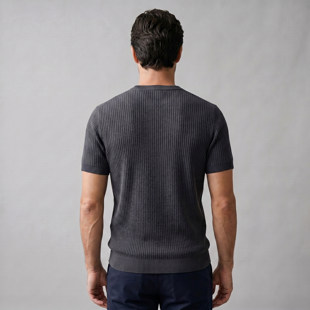 Men's Ribbed Knit T-Shirt with Crew Neck for Smart Casual Wear