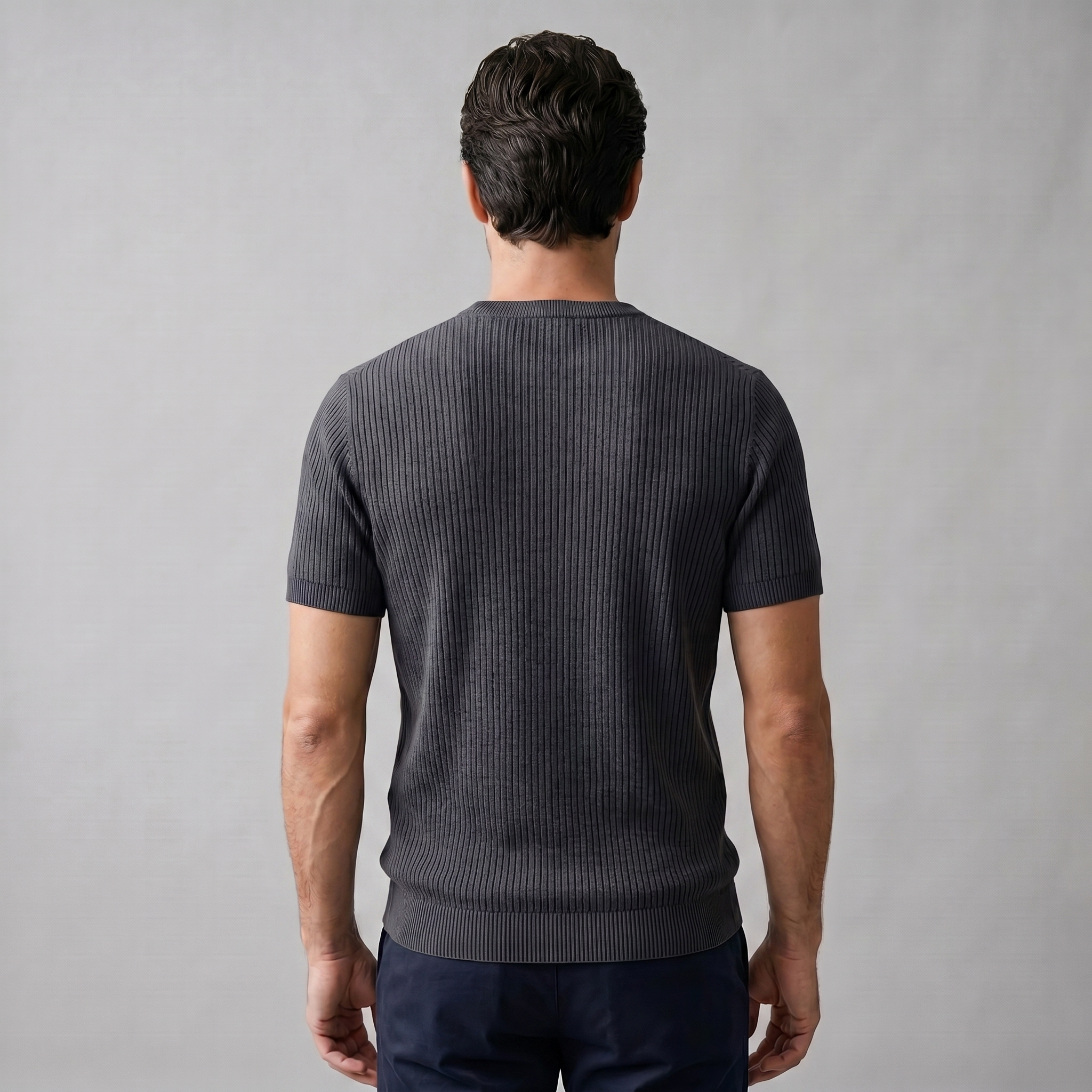Men's Ribbed Knit T-Shirt with Crew Neck for Smart Casual Wear