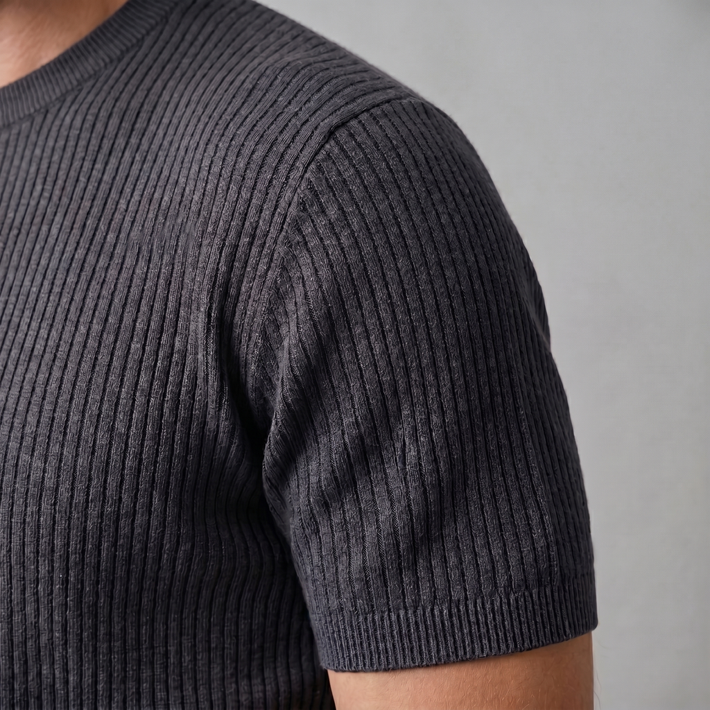 Men's Ribbed Knit T-Shirt with Crew Neck for Smart Casual Wear