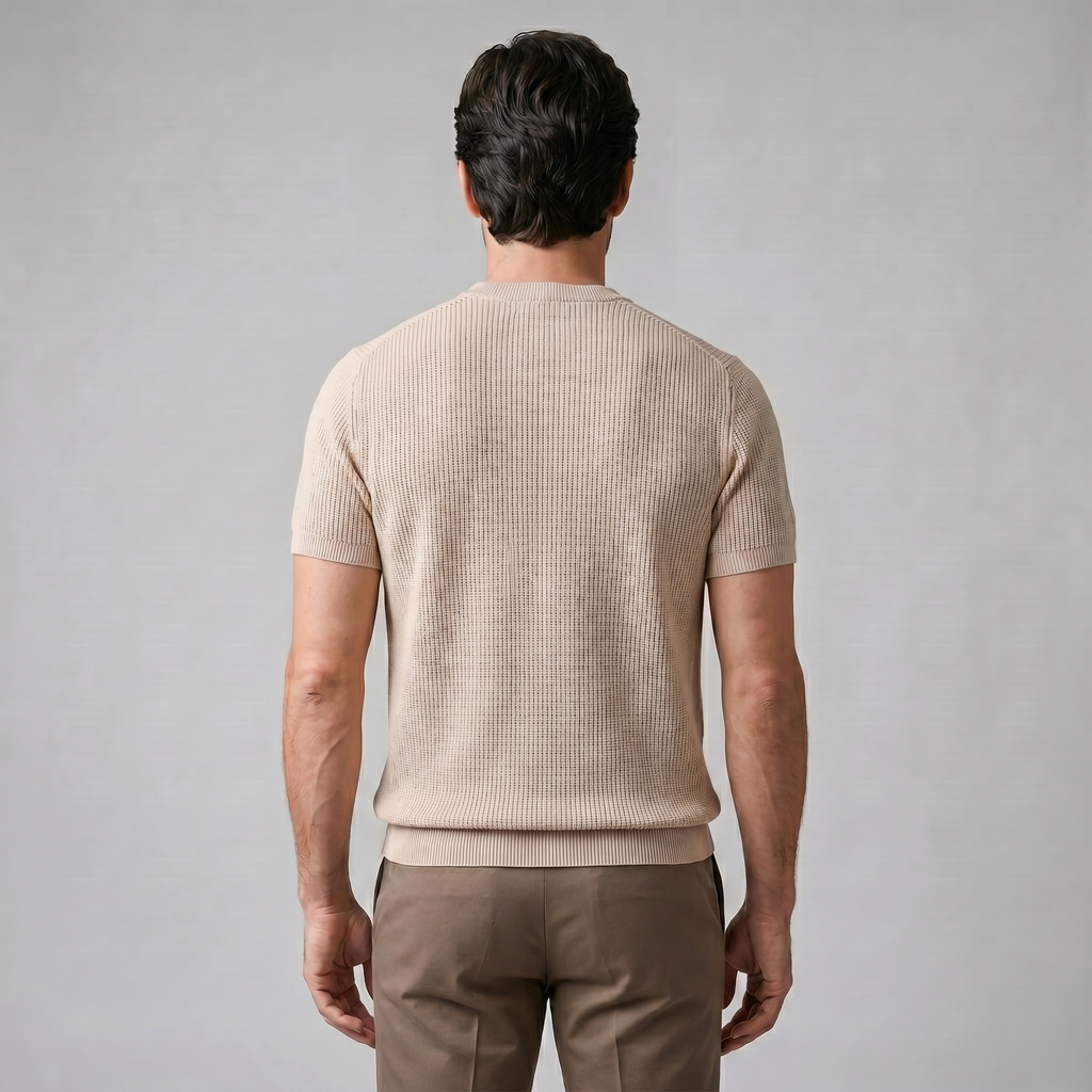 Men's Ribbed Knit T-Shirt with Crew Neck for Smart Casual Wear