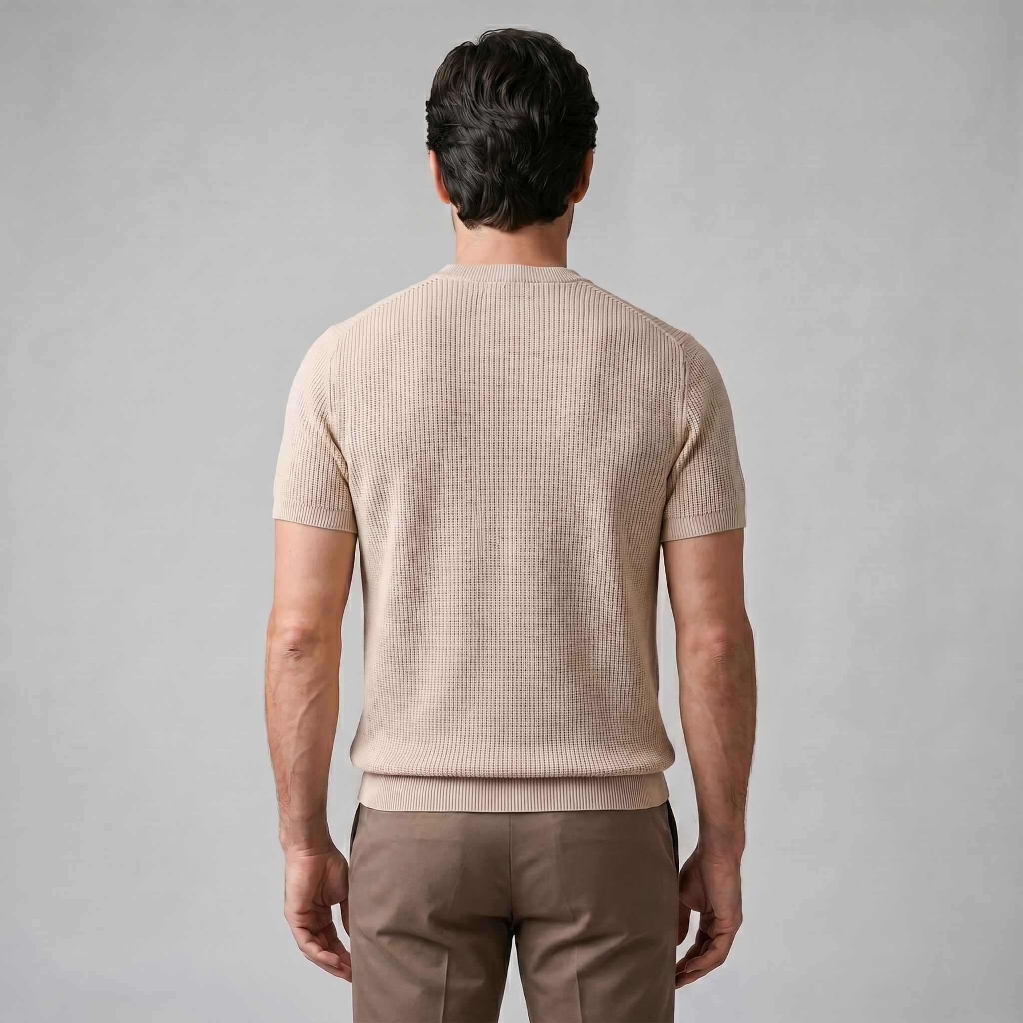 Men's Ribbed Knit T-Shirt with Crew Neck for Smart Casual Wear