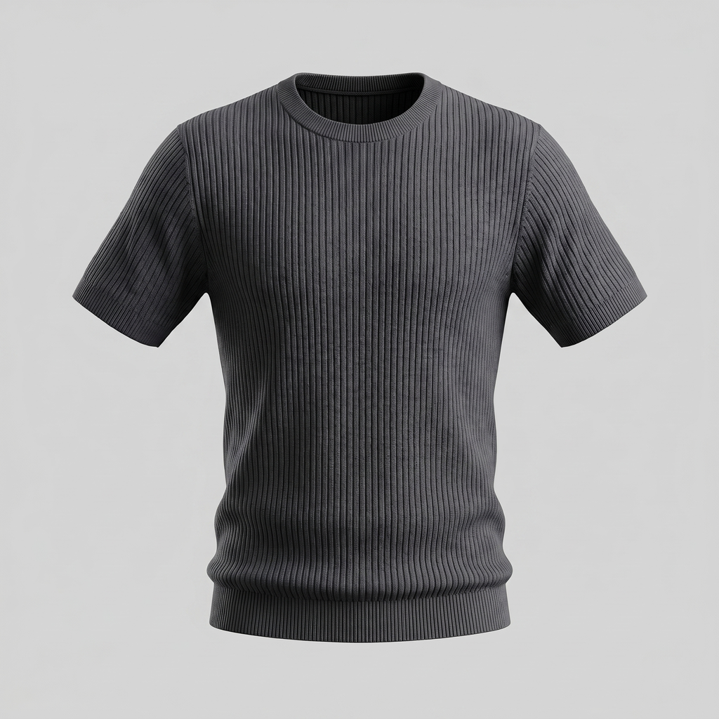 Men's Ribbed Knit T-Shirt with Crew Neck for Smart Casual Wear