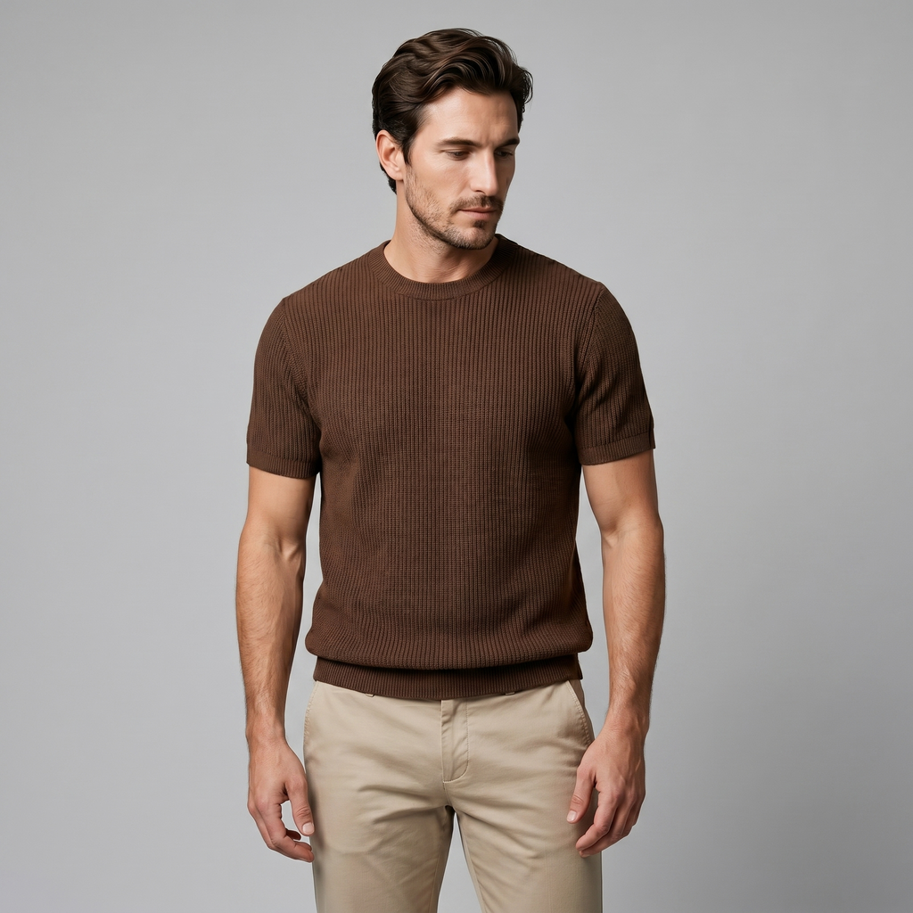 Men's Ribbed Knit T-Shirt with Crew Neck for Smart Casual Wear