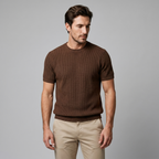 Men's Ribbed Knit T-Shirt with Crew Neck for Smart Casual Wear