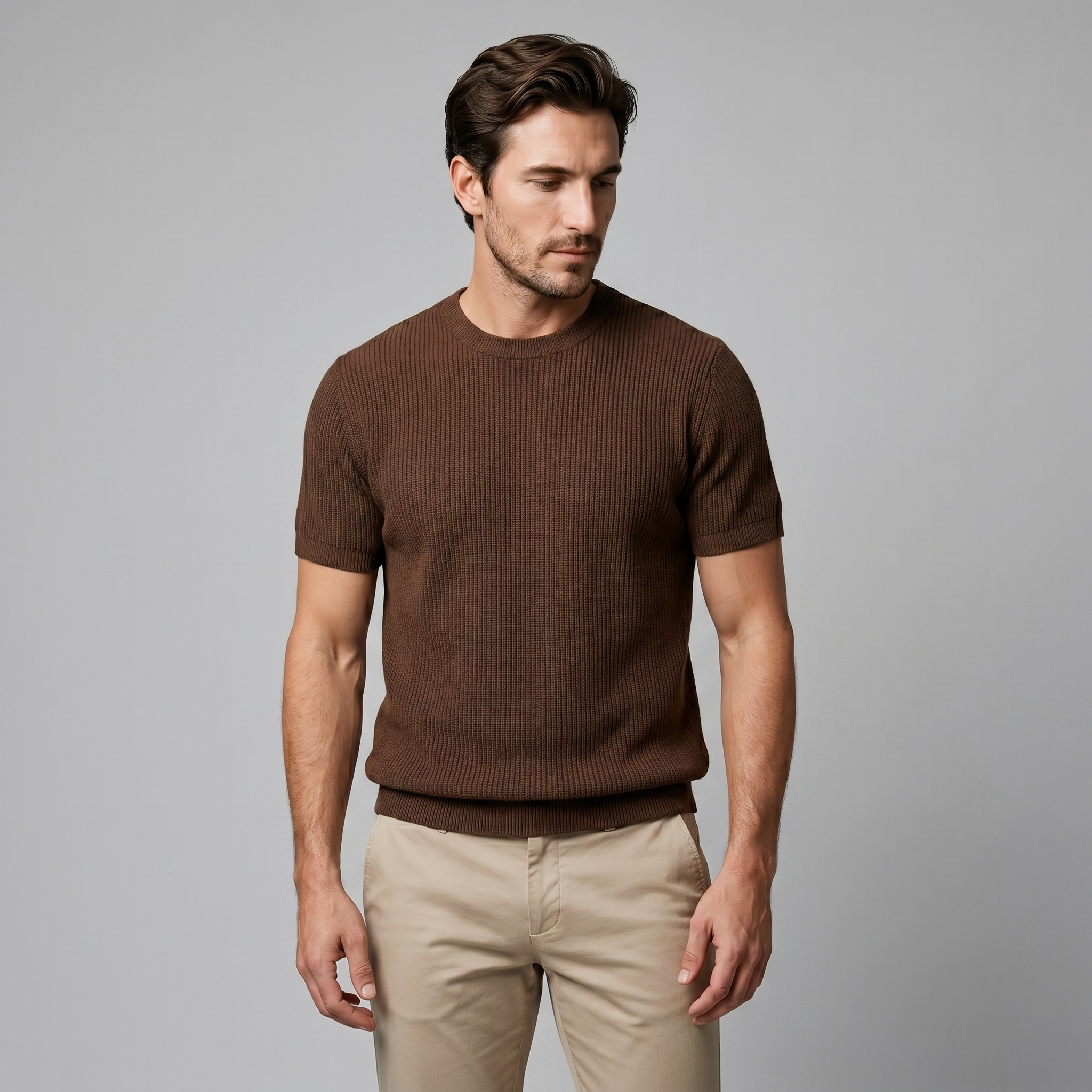 Men's Ribbed Knit T-Shirt with Crew Neck for Smart Casual Wear