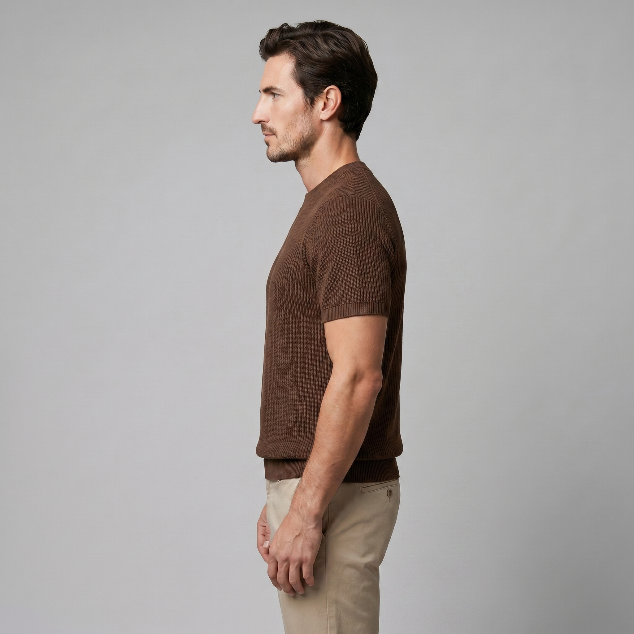 Men's Ribbed Knit T-Shirt with Crew Neck for Smart Casual Wear