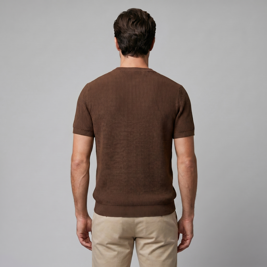 Men's Ribbed Knit T-Shirt with Crew Neck for Smart Casual Wear