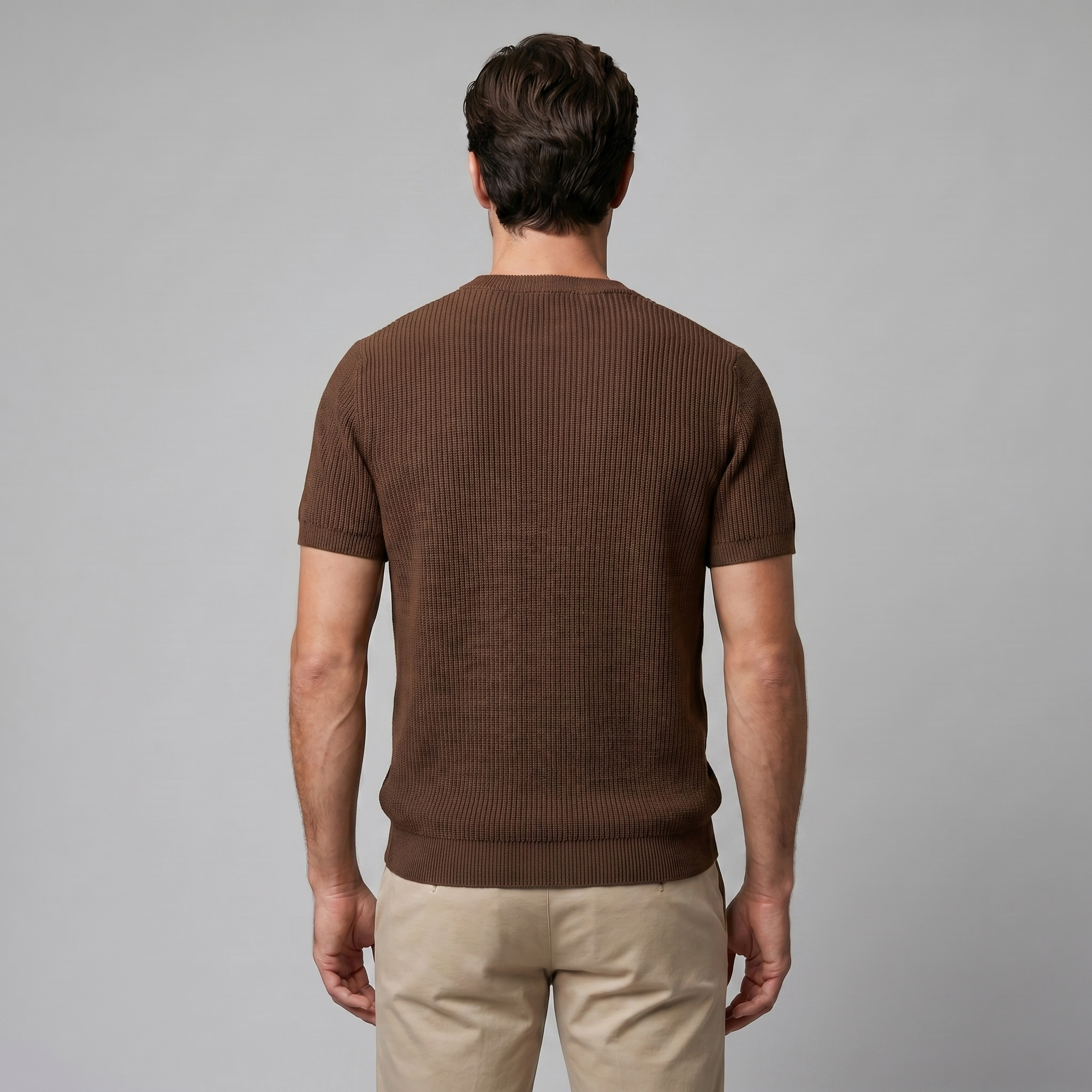 Men's Ribbed Knit T-Shirt with Crew Neck for Smart Casual Wear
