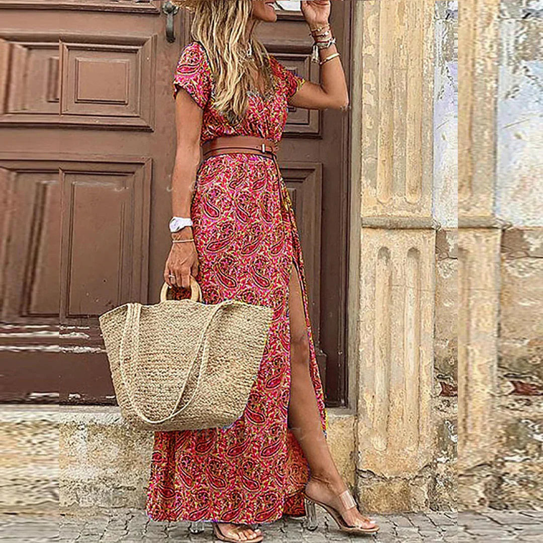 Women's Paisley Print Side Slit Maxi Dress