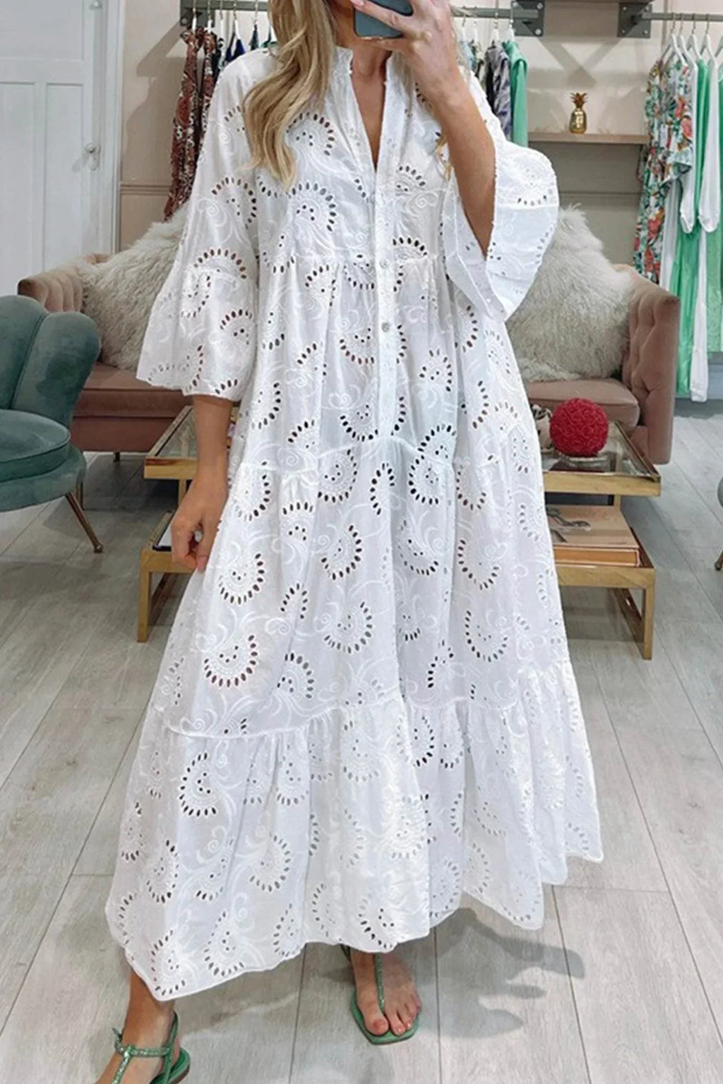 Women's Bohemian Eyelet Embroidered V-Neck Tiered Maxi Dress