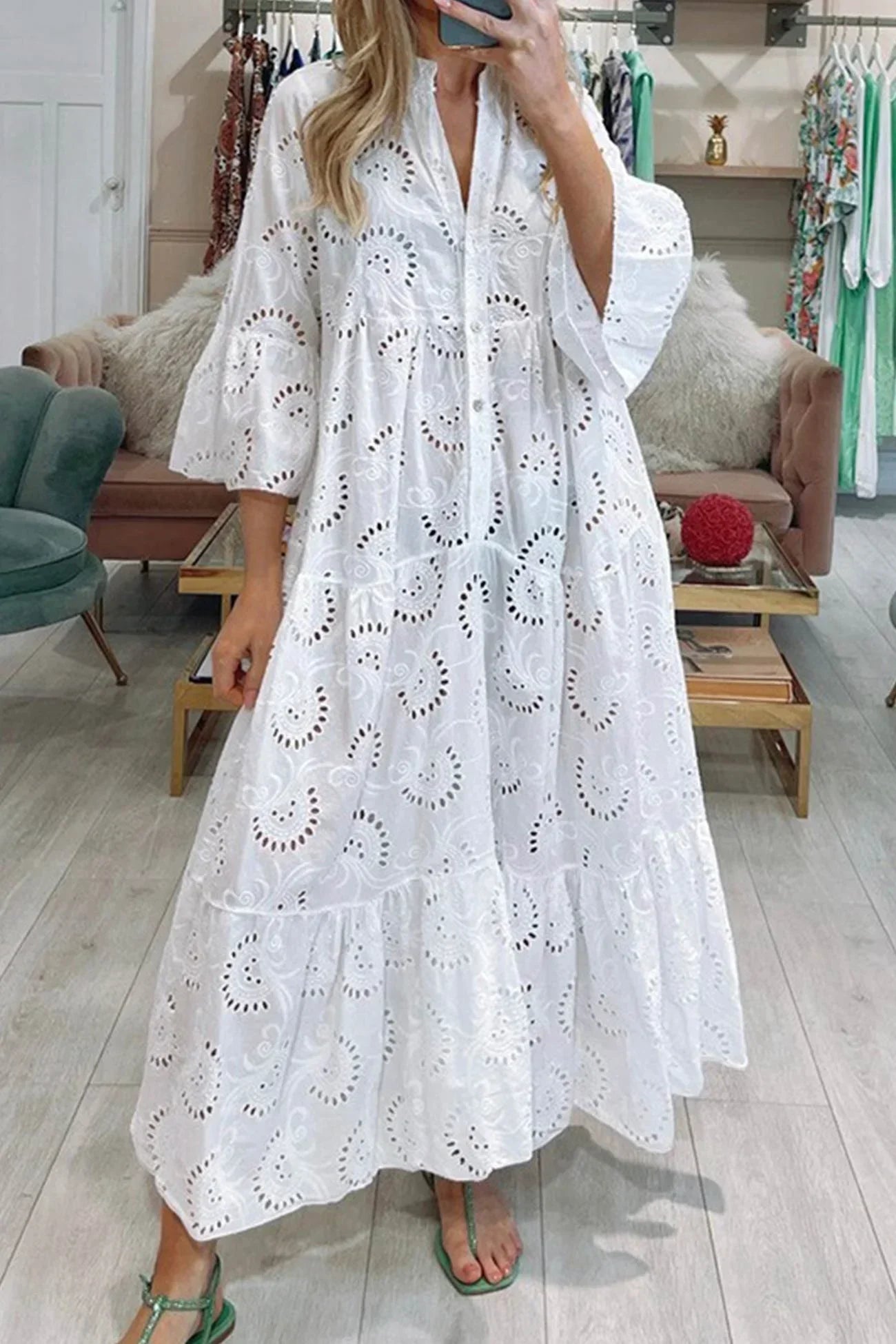 Women's Bohemian Eyelet Embroidered V-Neck Tiered Maxi Dress