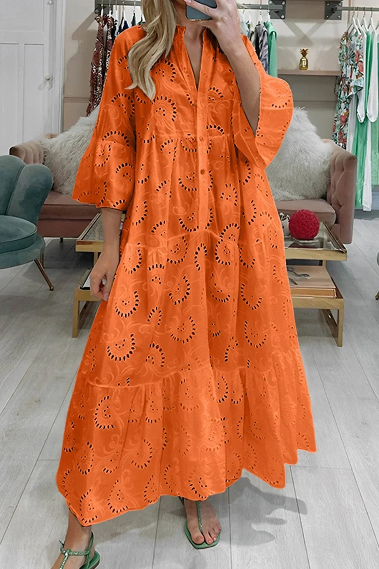 Women's Bohemian Eyelet Embroidered V-Neck Tiered Maxi Dress