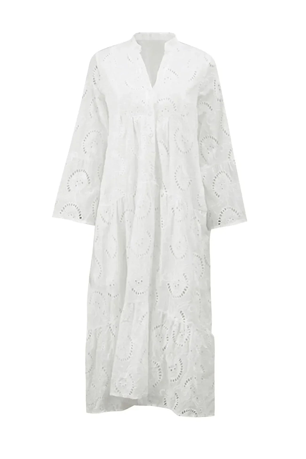 Women's Bohemian Eyelet Embroidered V-Neck Tiered Maxi Dress
