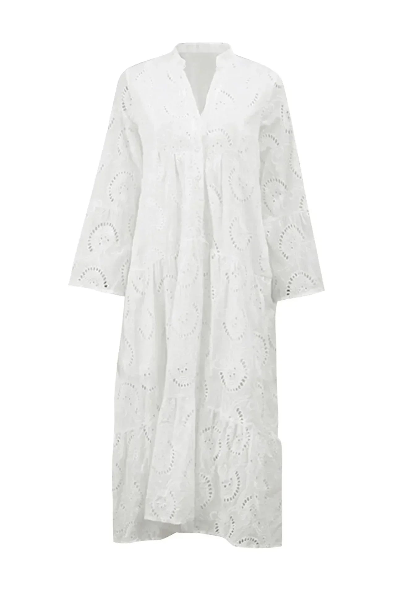 Women's Bohemian Eyelet Embroidered V-Neck Tiered Maxi Dress