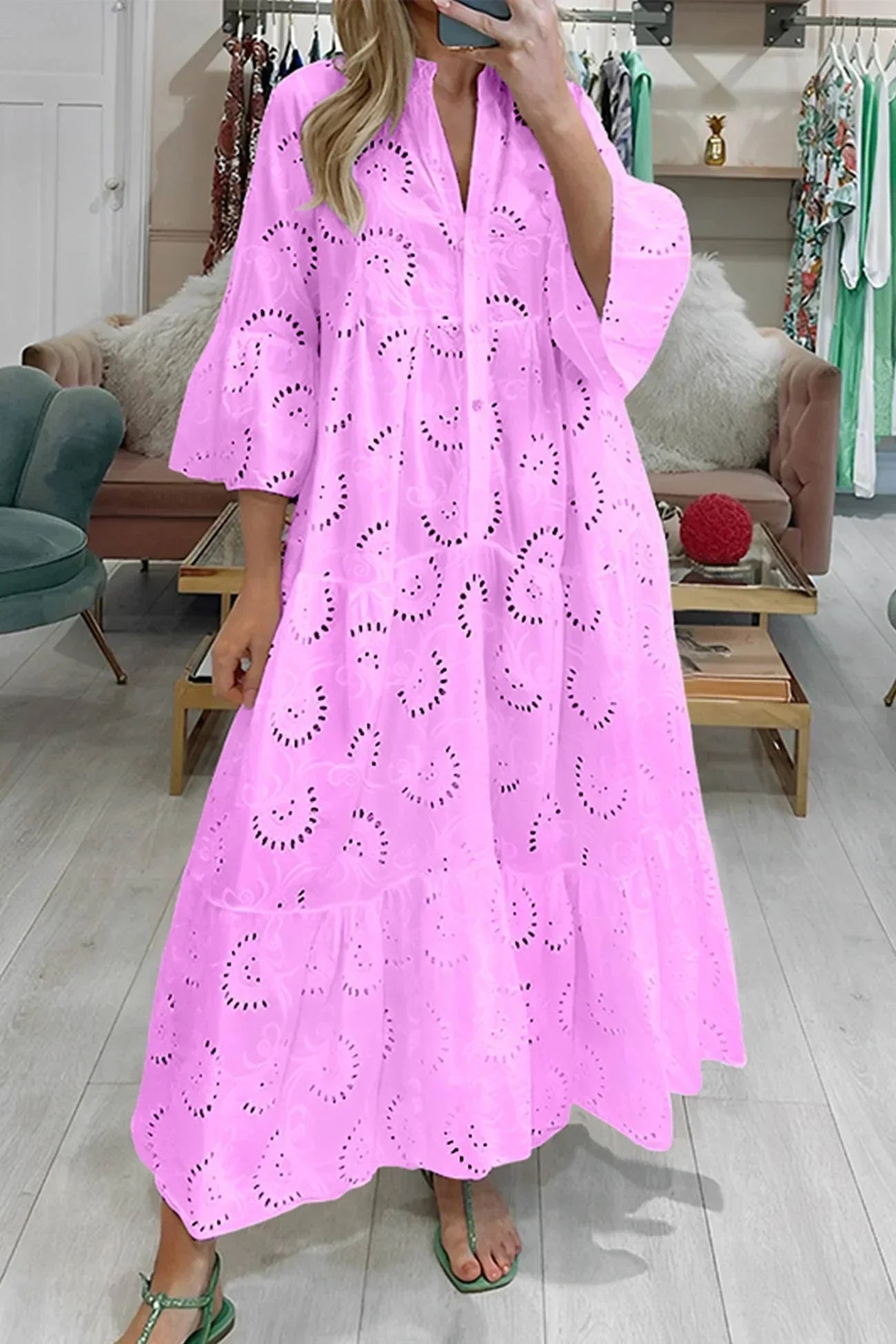 Women's Bohemian Eyelet Embroidered V-Neck Tiered Maxi Dress