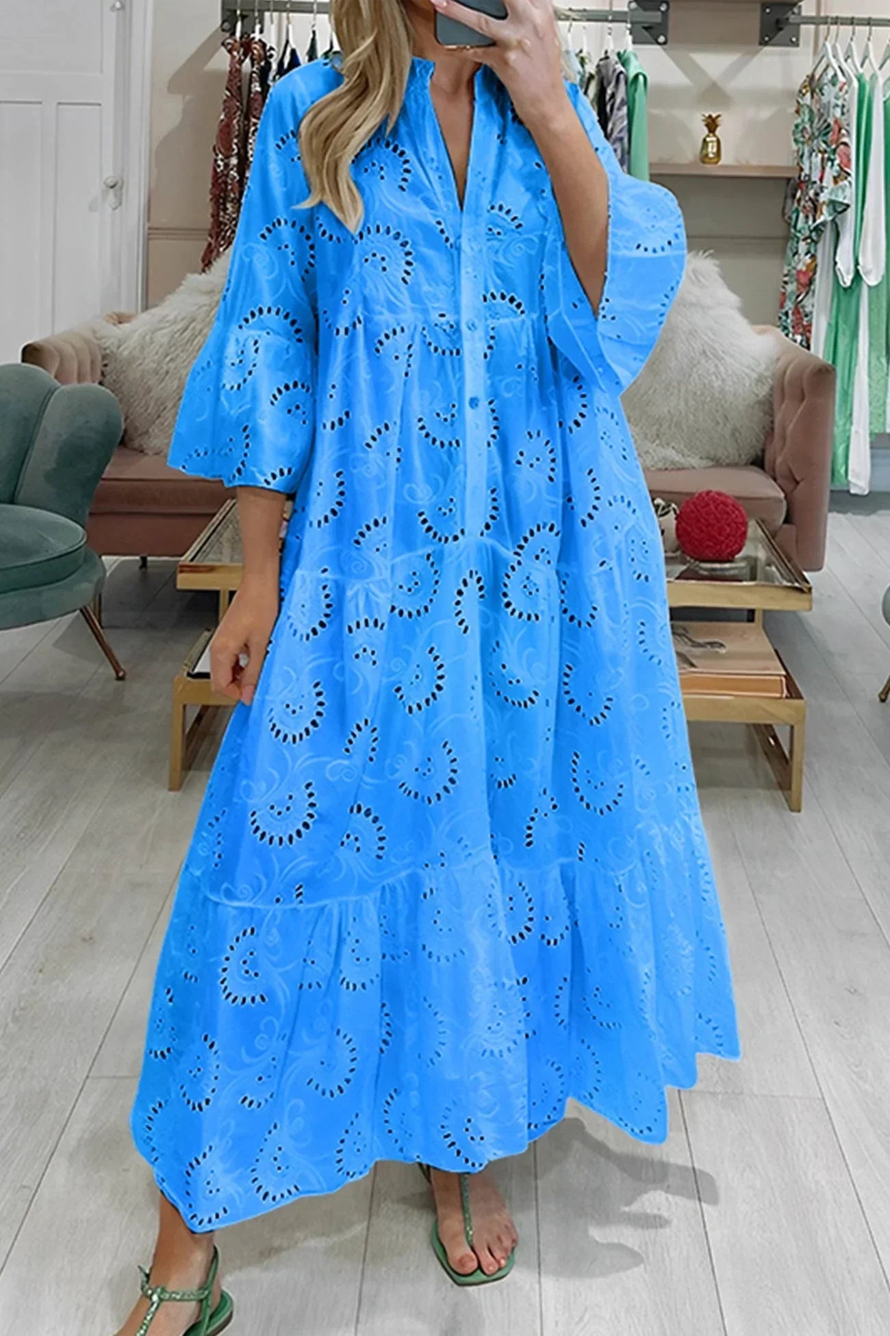 Women's Bohemian Eyelet Embroidered V-Neck Tiered Maxi Dress