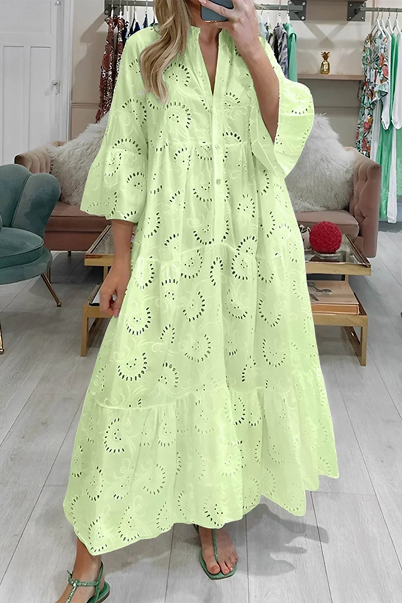 Women's Bohemian Eyelet Embroidered V-Neck Tiered Maxi Dress